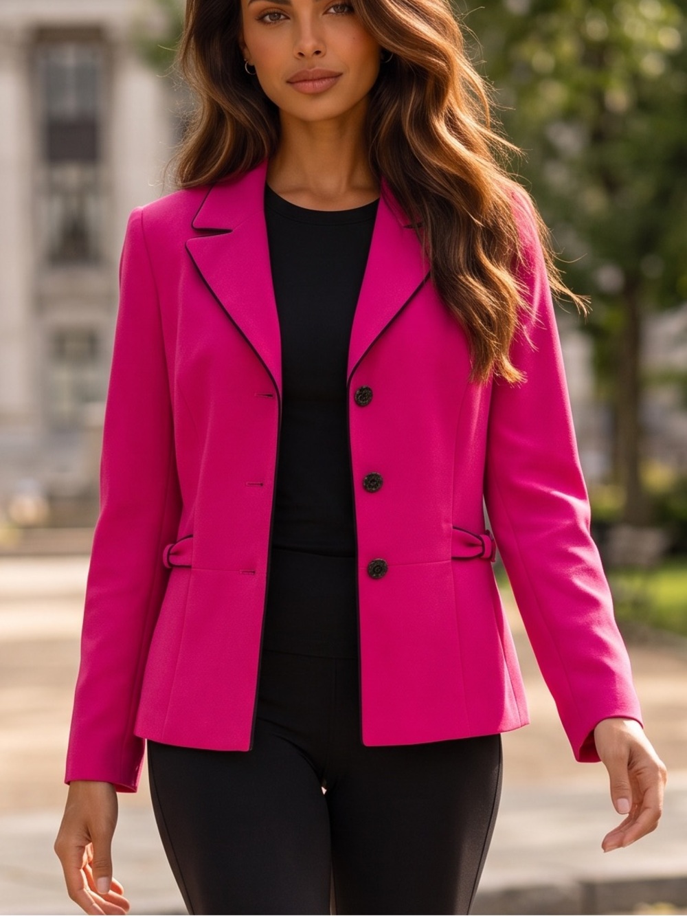 Le Suit Bright Pink Blazer with Black Trim